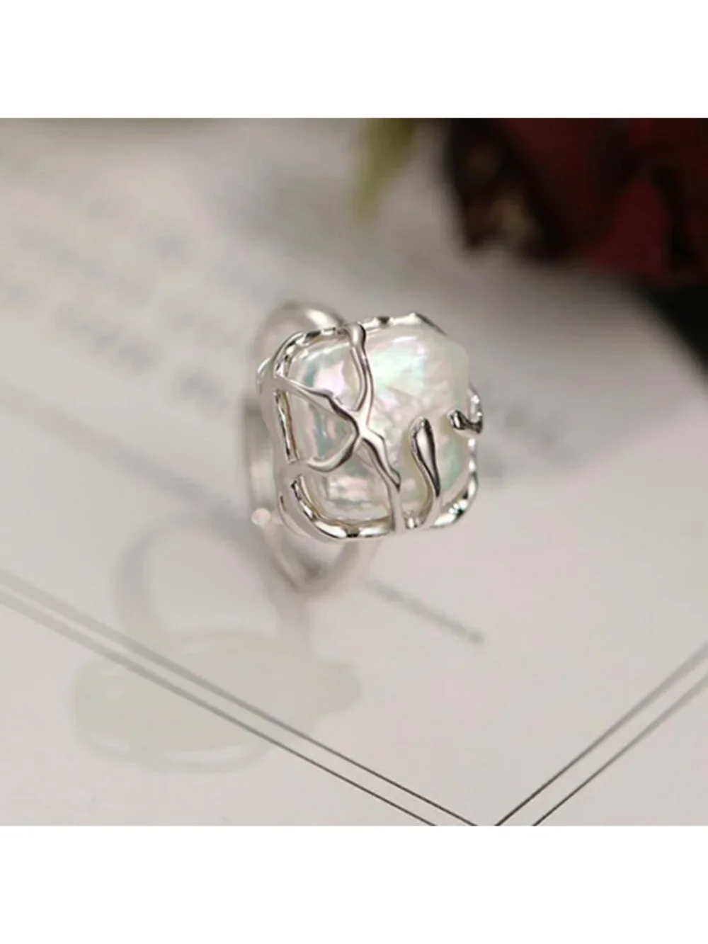 Elegant Baroque Pearl Ring - 925 Sterling Silver Adjustable Fashion Band for